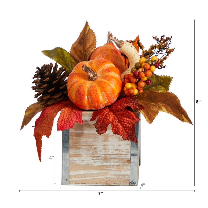 8'' Fall Pumpkin and Pinecones Artificial Arrangement in Weathered Wood Vase
