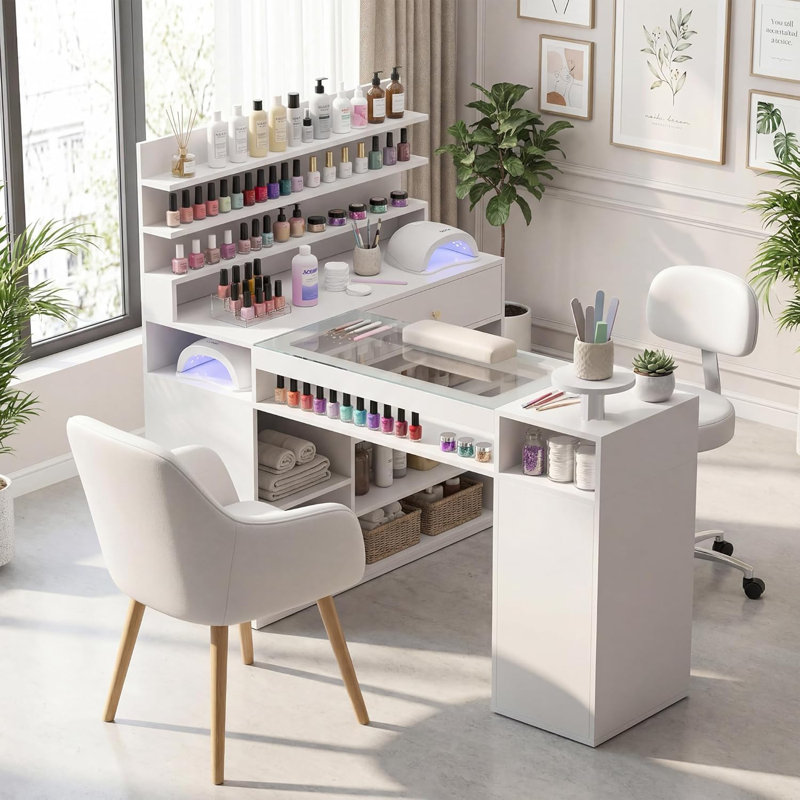 Nail Desk For Nail Tech 60 Inch L-Shaped Manicure Table Nail Station With Glass Table Top White Nails Table With Shelves Drawer Storage Space