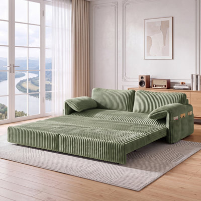 79.5" 3-in-1 Convertible Sofa Bed, King Size Corduroy Pull Out Sleeper Couch with Arm Pillows & Side Storage Pockets