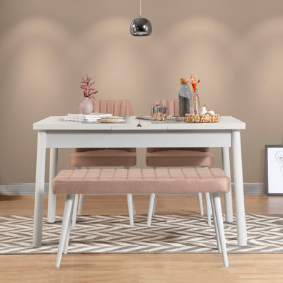 Modern Extendable Dining Table & Chairs Set (4 Pieces), White & Stone, 47.2 x 29.5 x 29.5 inches | 100% Melamine Coated Particle Board, 0.71 inches Thick | Includes 2 Velvet Foam Chairs & 1 Bench, Stylish & Functional Design