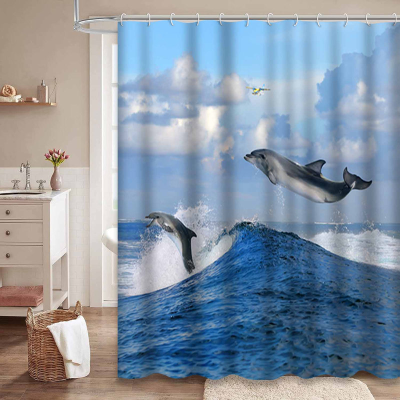Magnifique rideau de douche imperméable avec 2 crochets Happy Seascape, L 72 po x l 78 po