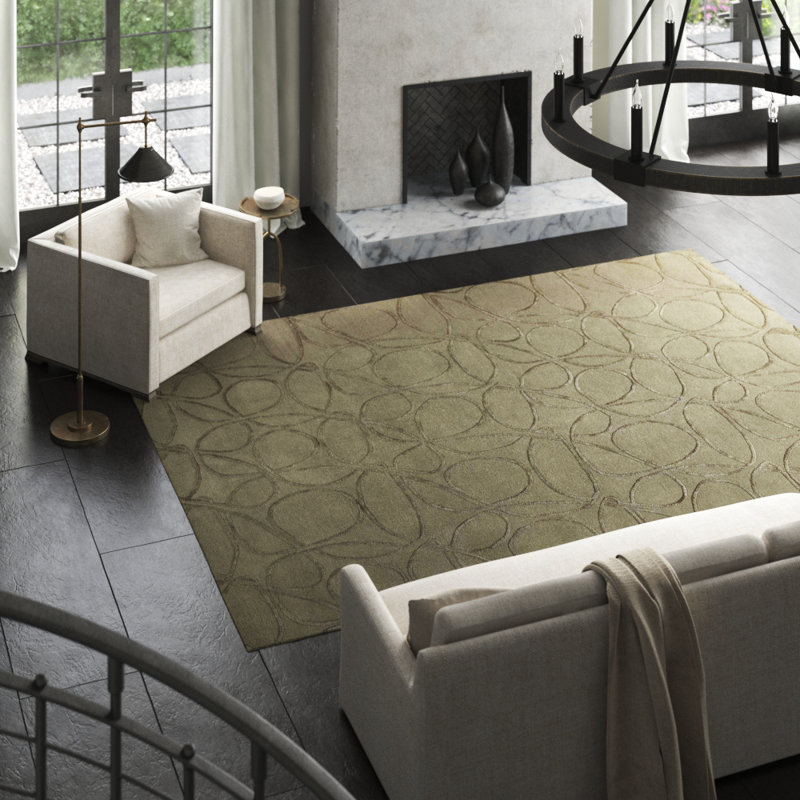 Clover Geometric Hand-Knotted Wool/Silk Beige/Neutral Area Rug, Rectangle 9' x 12', Dark Gray