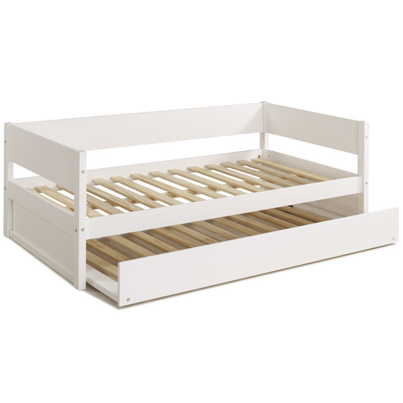 Lit de jour simple en bois massif avec couchette Ashauria, Blanc