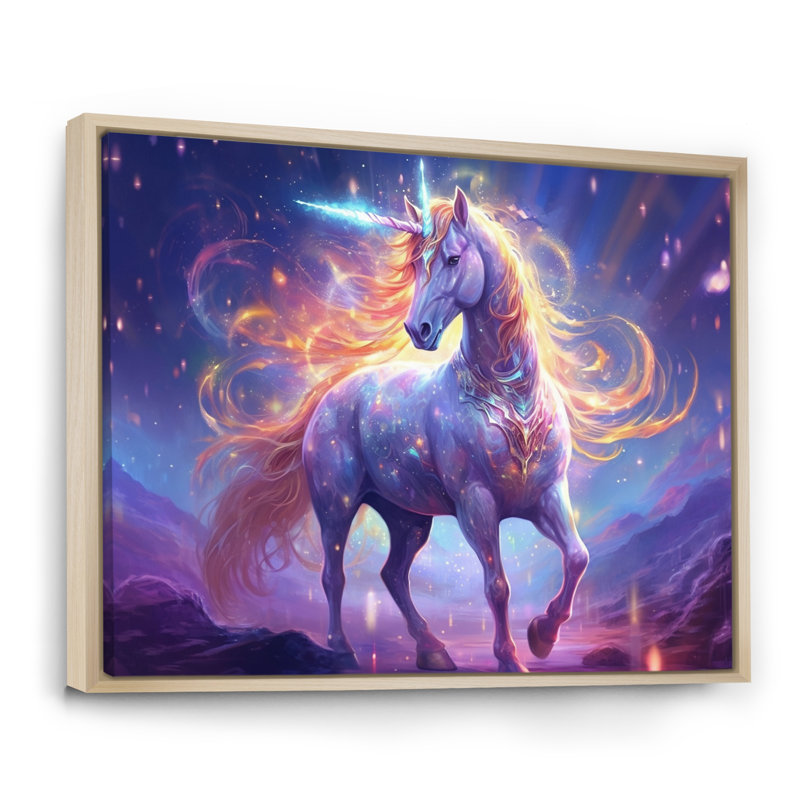 Impression sur toile Cosmic Purple Unicorn Magic I, Cadre naturel flottant, H 12 po x l 20 po