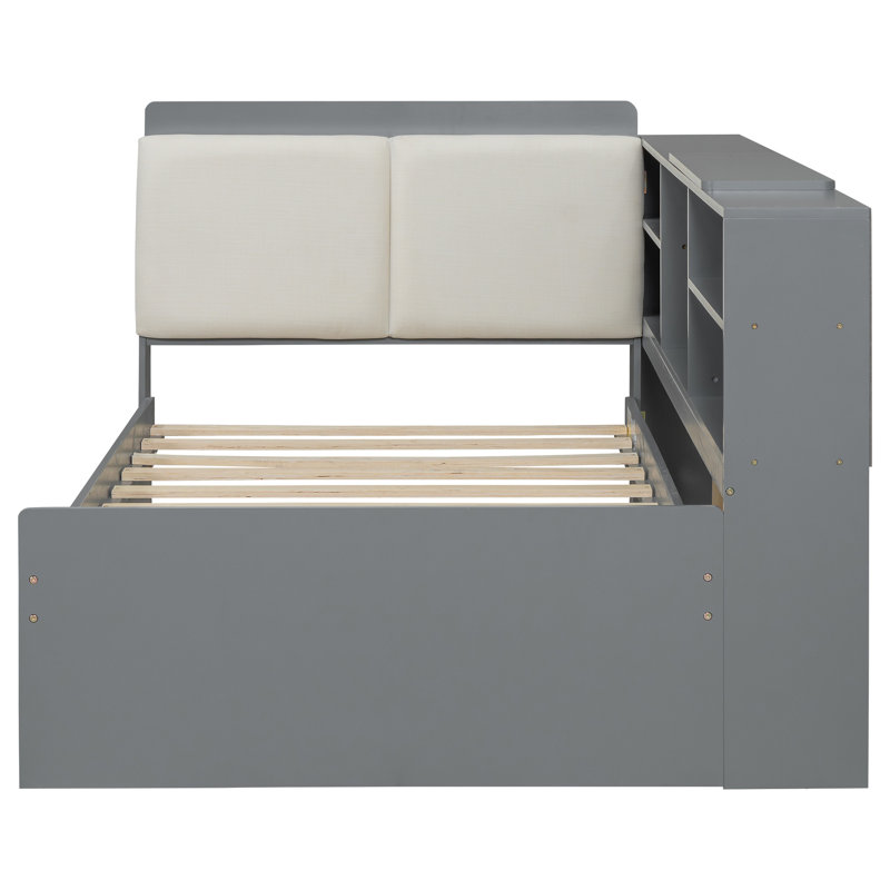 Lit plateforme en bois robuste | Tête de lit avec rangement, tablette rotative et lit gigogne pour chambre d'amis, Gris