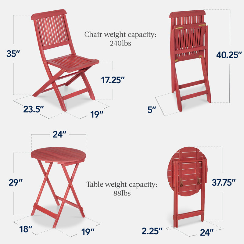  3-Piece Acacia Wood Bistro Set, Folding Patio Furniture W/ 2 Chairs, Table - Ruby, Red