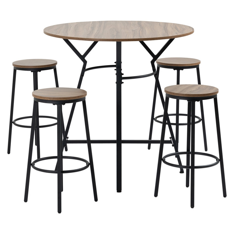 Ensemble de table de bar et de tabouret industriel HOMcom 5 pièces avec table de salle à manger à hauteur de comptoir ronde et quatre sièges assortis, finition en panneau de particules brun