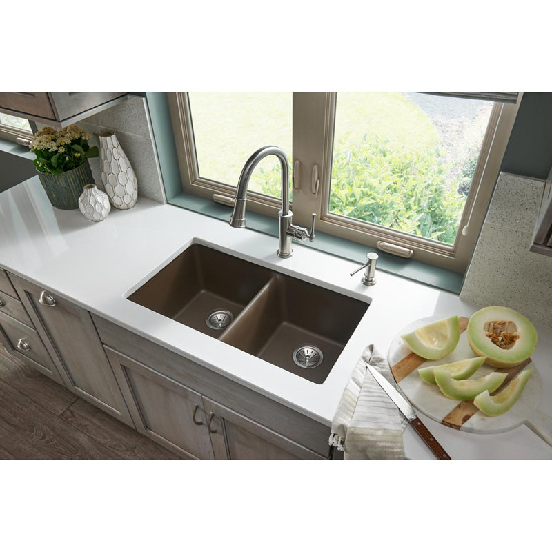 Évier de cuisine à double cuve encastrable l 18,5 po x L 33 po Quartz Classic, Moka