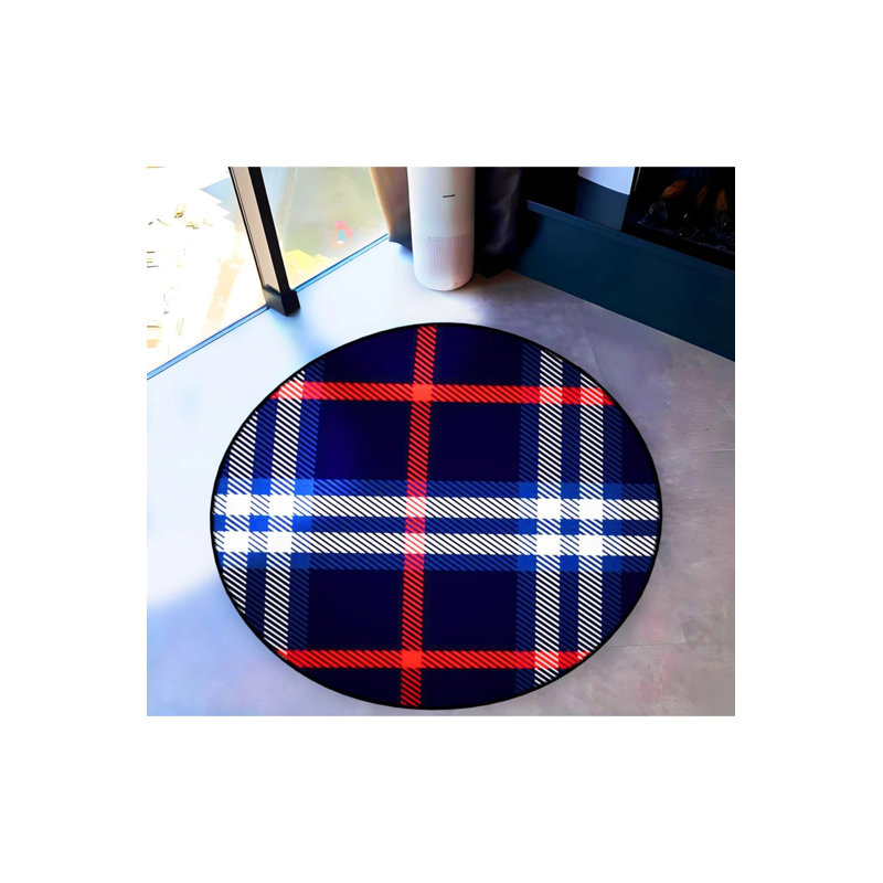 Navy Blue Red Plaid Patterned Woven Base Decorative Carpet, Round 2'8"