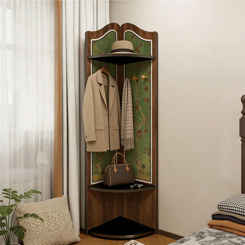 Corner Coat Rack 47", Vintage Floral Corner Hall Tree with 3 Shelves & 6 Hooks for Small Spaces