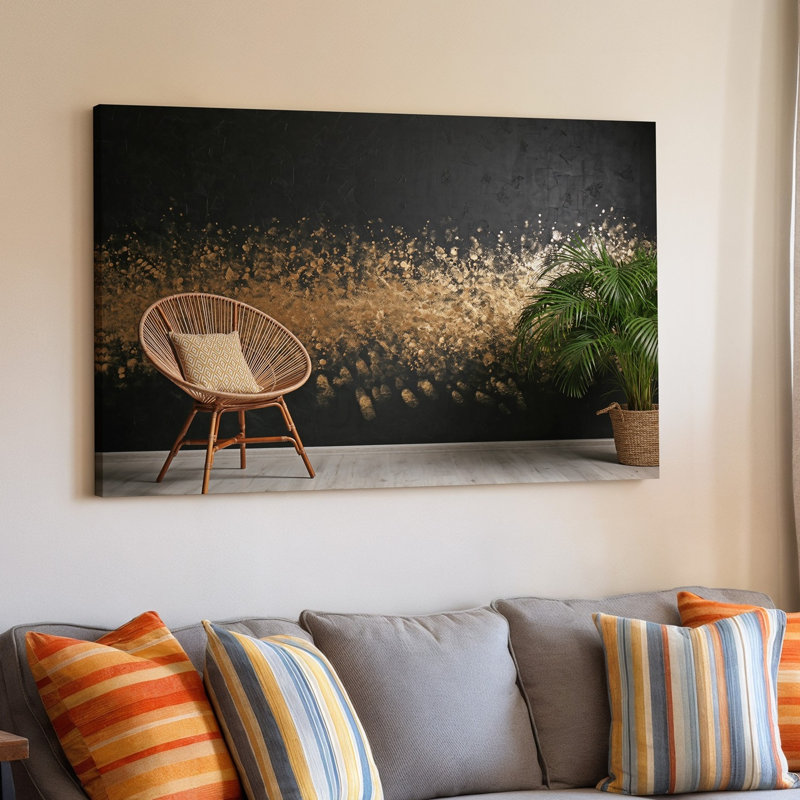Toile, une scène intérieure douillette avec une chaise en rotin et un art mural, H 30 po x l 40 po