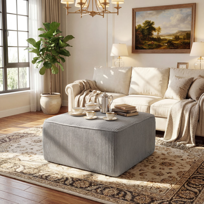 Orrey Upholstered Ottoman, Light Blue Corduroy, 15" H x 29.7" W x 29.7" D
