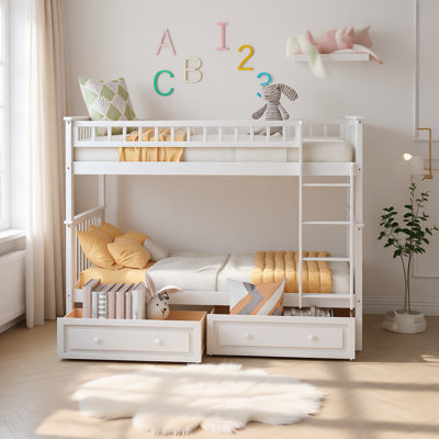 Convertible Bunk Bed with Drawers, Solid Wood Frame with Fence Guardrail and Under-Bed Storage by Harriet Bee