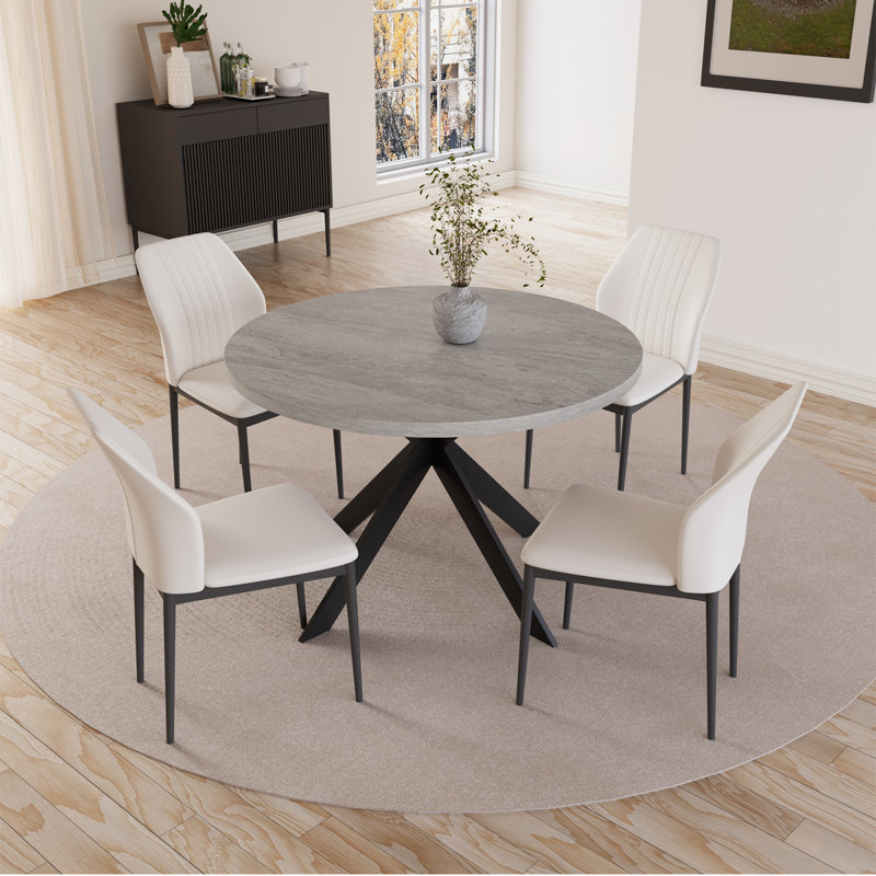 Cappelletti Round Steel Pedestal Dining Table Set, White, 5 Pieces: Table, 4 Chairs