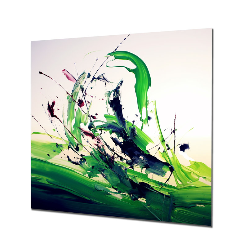 «Green and White Abstract Ink Expression IV», art mural abstrait en métal, H 36 po x l 36 po