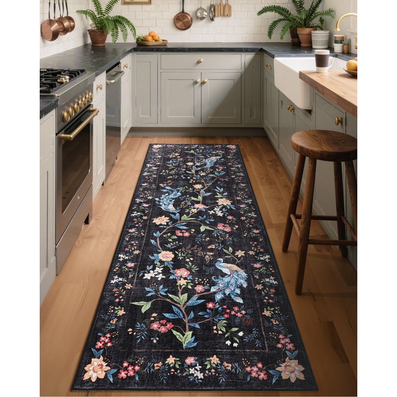 Washable Rugs for Bedroom Ultra-Soft Floral Peacock Floor Mats, Stain-Resistant Farmhouse Indoor Carpet with Non-Slip Backing, Foldable Thin Accent Rug for Living Room, Nursery