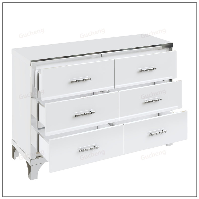 Commode élégante avec poignées en métal, armoire de rangement à miroir avec 6 tiroirs pour les chambres à coucher et les salons modernes