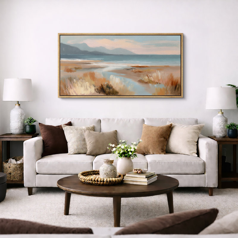 "Serene Coastal Wetlands and Distant Mountains", paysage panoramique, décoration murale, très grandes photos, impression sur toile encadrée