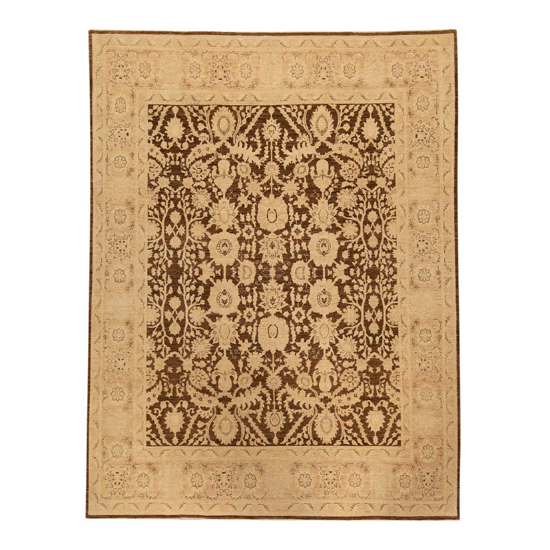 Tapis brun / beige en laine noué à la main de conception unique 8 pi 9 po x 11 pi 4 po
