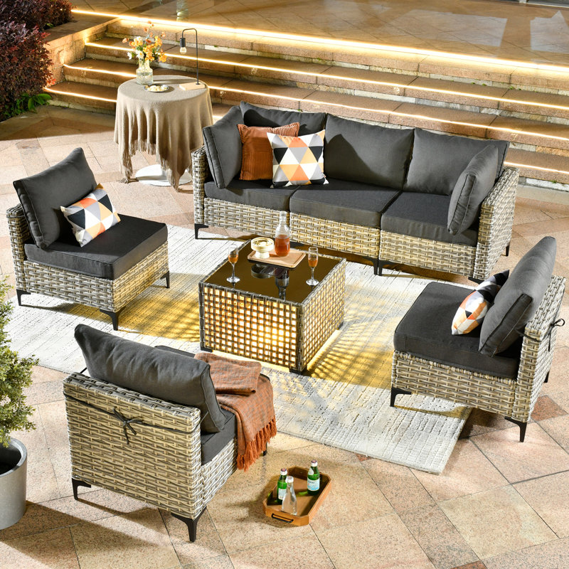 6 - Person Outdoor Seating Group With Cushions, Black Glass