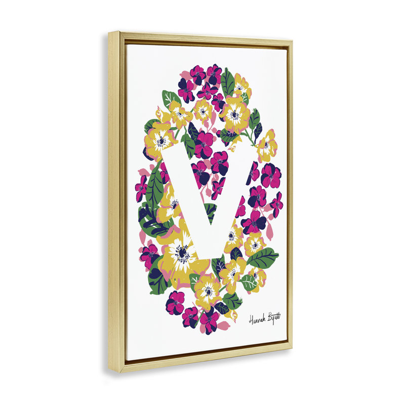 «Floral Bloom», lettre V, toile flottante encadrée par Hannah Louise Byatt, Cadre flottant métallique doré, H 31 po x l 21 po