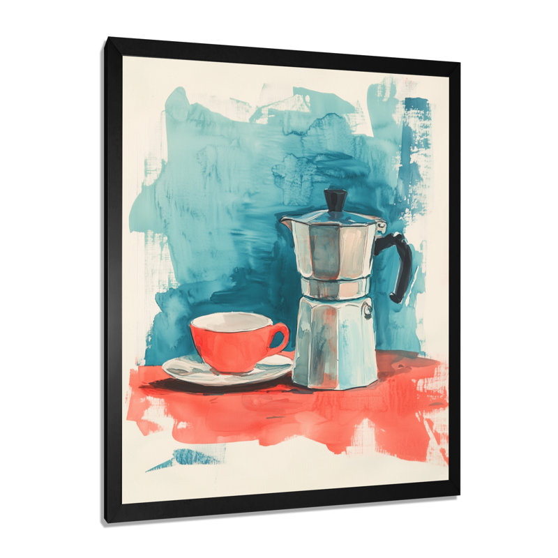 Nature morte café tasse rouge - Tableau encadré sur toile - Tableau mural de style café, H 32 po x l 16 po, Cadre photo noir
