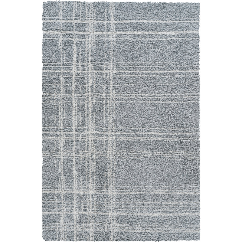 Nordic Blue & Gray Striped Shag Modern Rug, 4'10" x 8'0", Blue/Gray