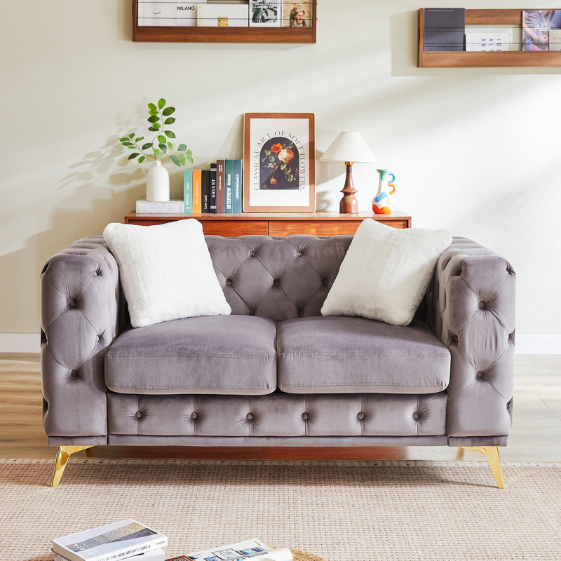 Canapé Chesterfield avec motif capitonné, 2 coussins, pieds en métal, H 30,27 po x l 61,27 po x P 32,77 po, 2, Gris