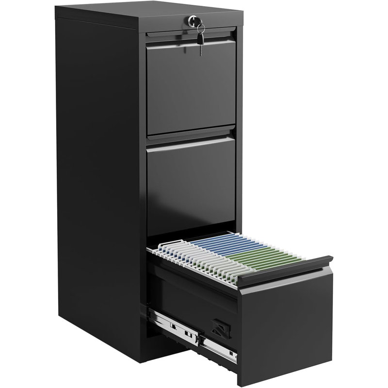 3 Drawer File Cabinet, Metal Filing Cabinet with Lock, A4 File Cabinets with Stationary Tray, Large Capacity, File Storage Cabinets for Home, Office