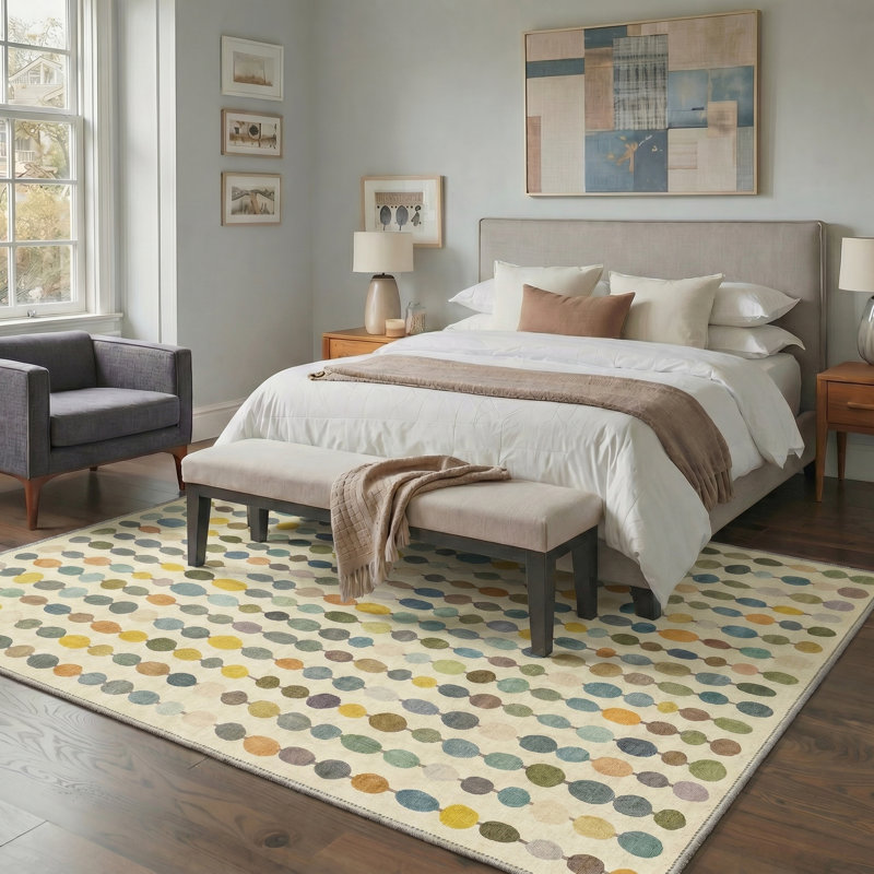 Evoque Modern Machine Washable Beige Indoor Area Rug with Non-Slip Backing, Rectangle 8' x 10', Beige/Yellow/Green