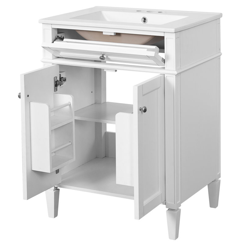 Meuble-lavabo de 61 cm (24 po), deux portes, tiroir, lavabo en céramique et fonction de fermeture en douceur pour salles de bain compactes. Rangement à 2 portes de 61 cm (24 po), rails coulissants basculants.