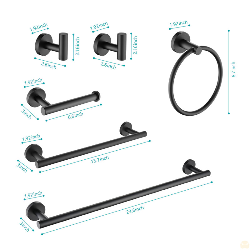 Ensemble de porte-serviettes de salle de bain en acier inoxydable 6 pièces, Noir mat