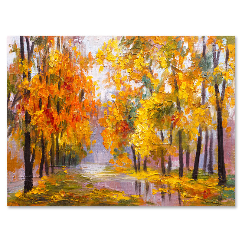 Forêt pleine de feuilles tombées en automne - peinture sur toile, H 30 po x l 40 po x 1,5 po, Toile tendue