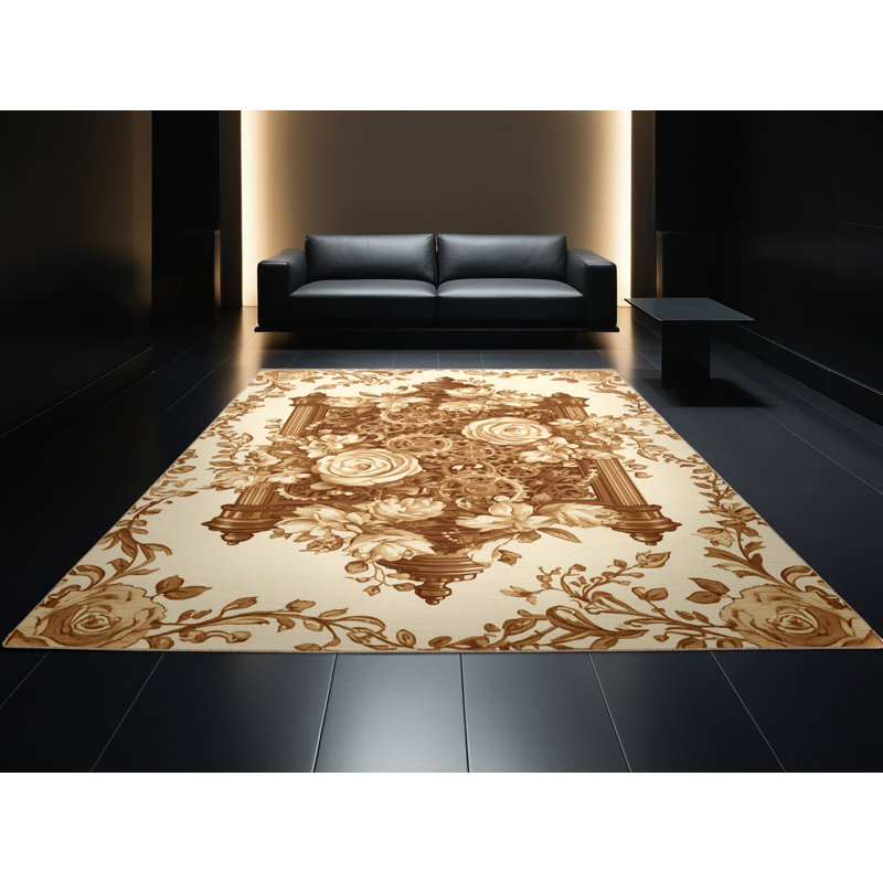 Machine Washable Zack Classic Floral Rug in Beige – Beige Binding, 8x10