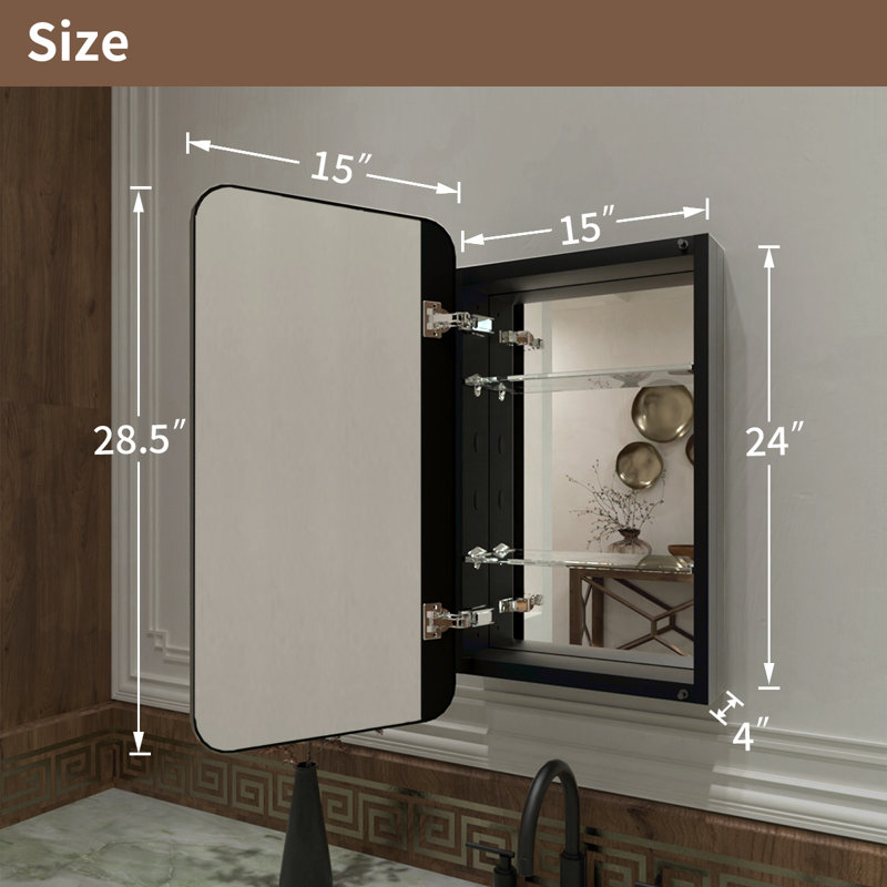 15 W x 24 H Framed Recessed or Surface-Mount Rectangular Aluminum Medicine Cabinet with Mirror, 28,5" H x 15" W x 4" D