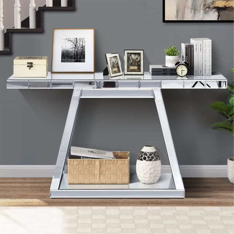 55.9" Modern Luxe Full-Body Mirror Entryway Table with Trapezoid Base – 360° Reflective Console Table, Sturdy Wooden Frame, Scratch-Resistant Design & Open Storage for Hallway, Living Room, Staircase