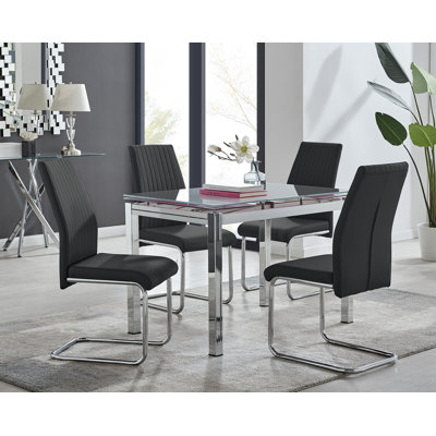 Tierra Modern Glass & Metal Extendable Dining Table Set & 4 Luxury Faux Leather Dining Chairs