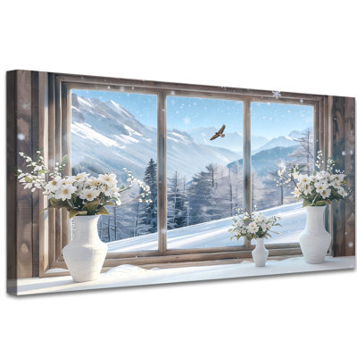 «Ocean Window View», reproduction d'art sur toile panoramique 2: 1 avec mouettes, papillons bleus et fleurs, décor de plage côtière pour le salon, chambre 16 po x 32 po