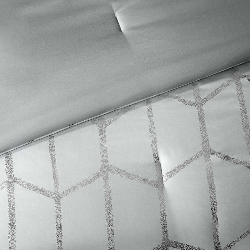 Édredon géométrique argenté à motif géométrique très grand / très grand, base grise, doux, 2 taies décoratives, coussins décoratifs, très grand avec détails, rembourrage, lavage sans javellisant
