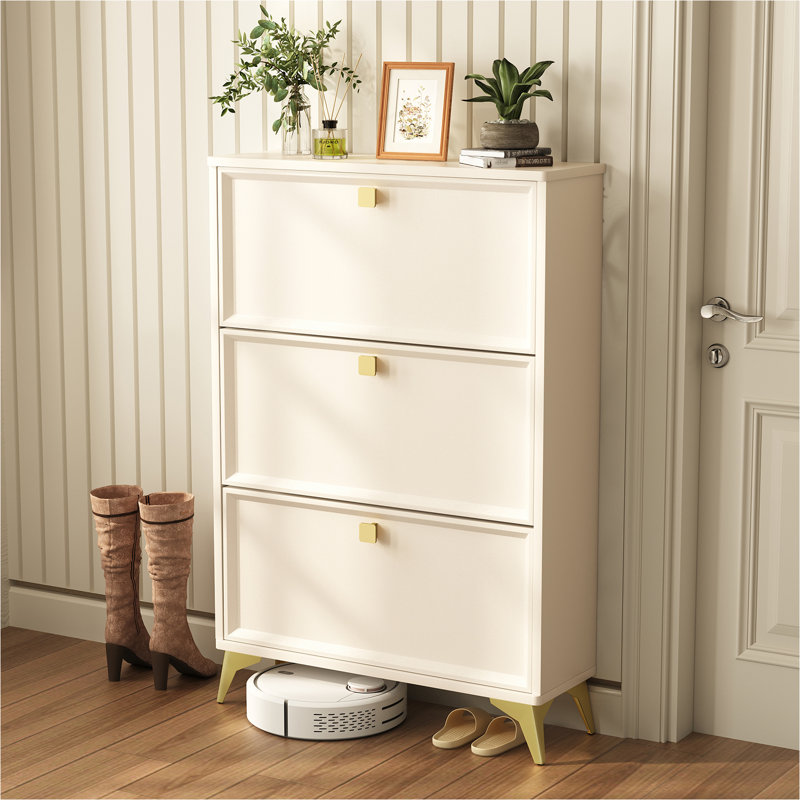 24 Pair Shoe Storage Cabinet with 3 Flip-out Drawers, Cream