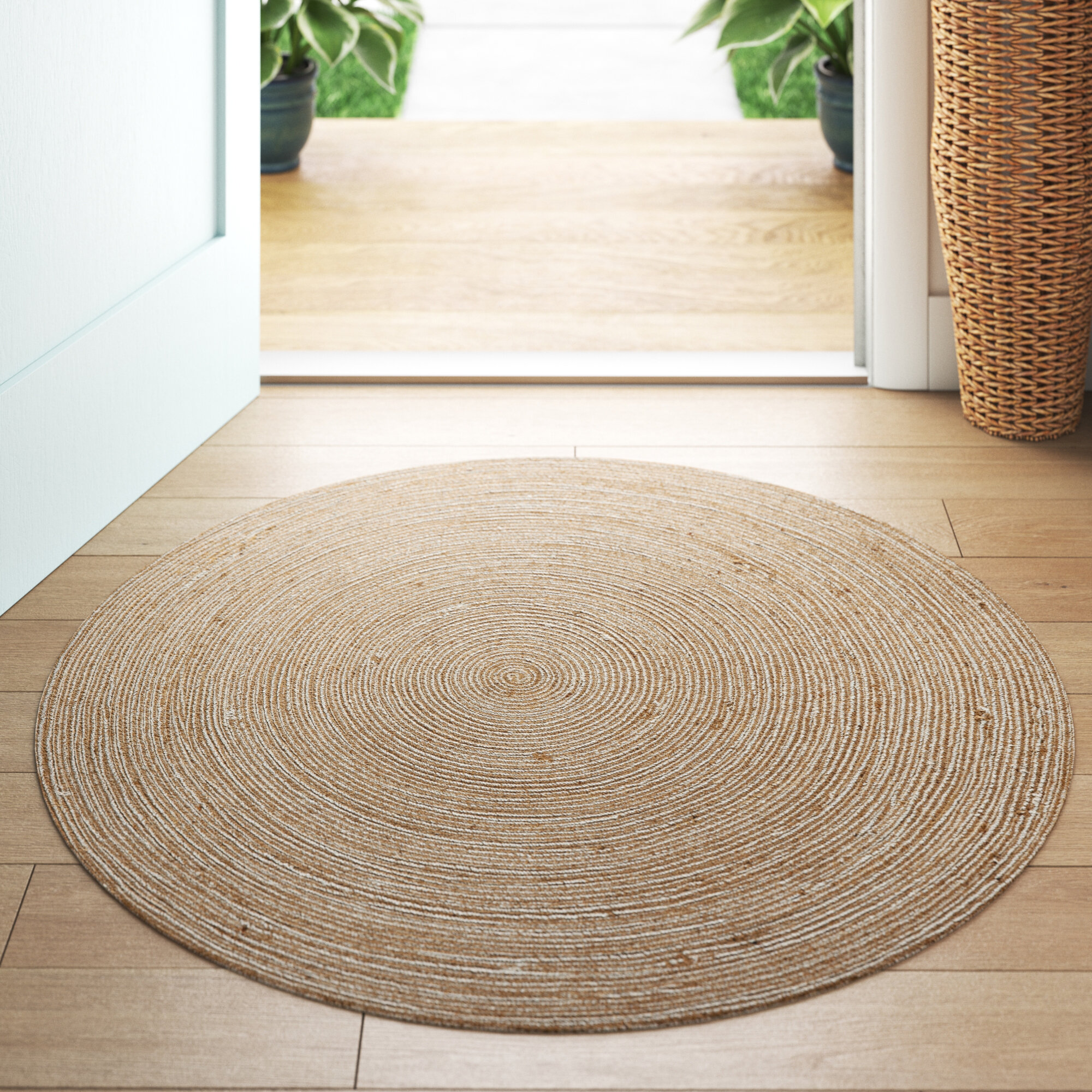 Jute Braided Rug, 4' Round Natural, Hand Woven Reversible Rugs for