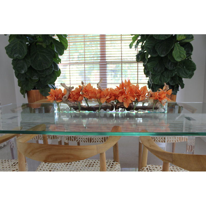 Driftwood Cymbidium Orchids Centerpiece in Glass Planter, Orange, 8" H x 48" W x 6" D