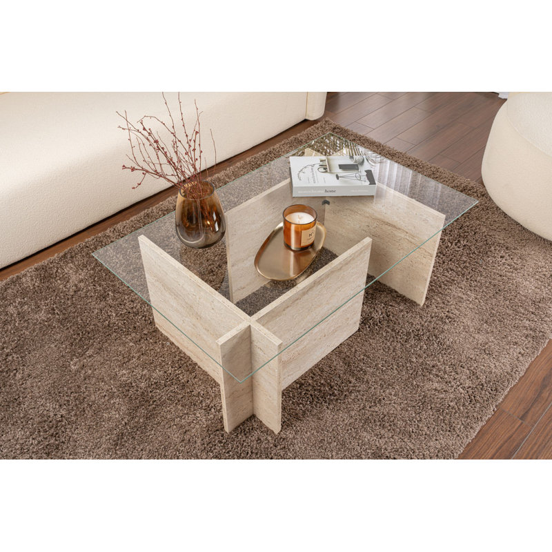 Table basse moderne avec plateau en verre trempé, 41,3 po x 15,7 po x 25,6 po | Structure 100% en panneau de particules recouvert de mélamine, conception élégante en marbre | Parfait pour le salon et les espaces contemporains