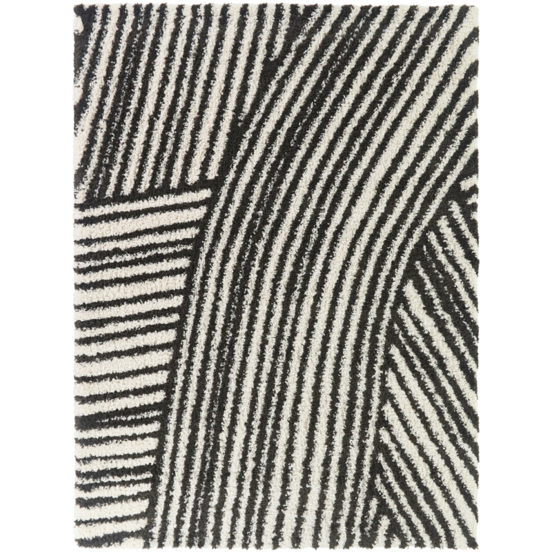 Avraham Black Abstract Stripe Shag Area Rug, Rectangle 5'3" x 7'