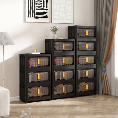 Black,24" Side Wide Folding Storage Cabinet ,5 Tiers,23.62"×13.78"×59.84",Collapsible Storage Bins with Magnetic Door, Plastic Storage Cabinet with Wheels(ONLY ONE CABINET)