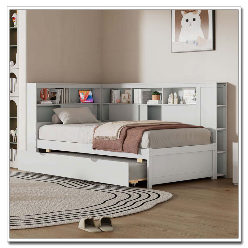 Twin Size Wood Daybed with Storage Shelves, USB and Trundle, White