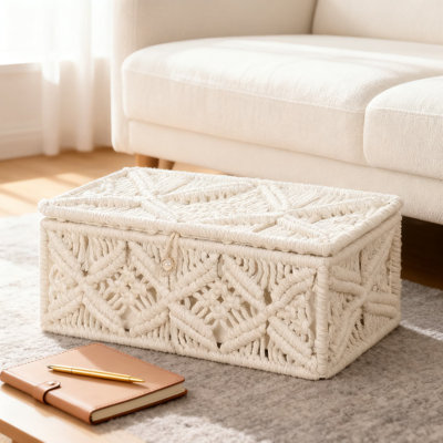 Macrame Storage Basket With Lid And 25 Organza Bags, Handwoven Cotton Rope Jewelry Box With Metal Frame For Home Office Organization