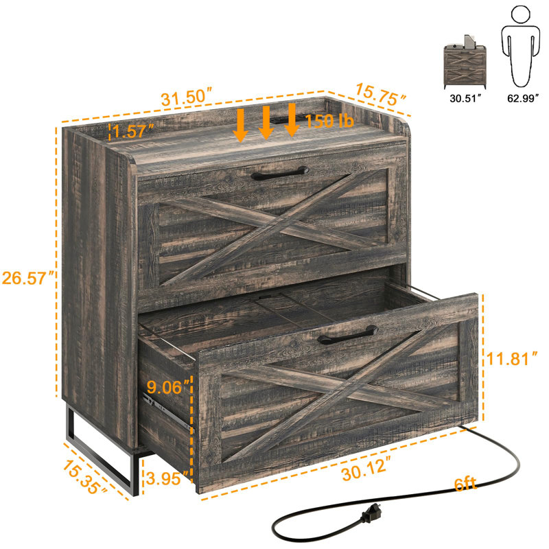 Lateral File Cabinet With Charging Station, Dark Rustic Oak