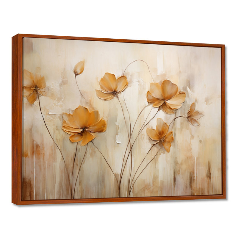 «Beige Botanical Impressions IV», reproduction d'art mural abstrait, H 16 po x l 32 po x P 1 po, Cadre flottant brun