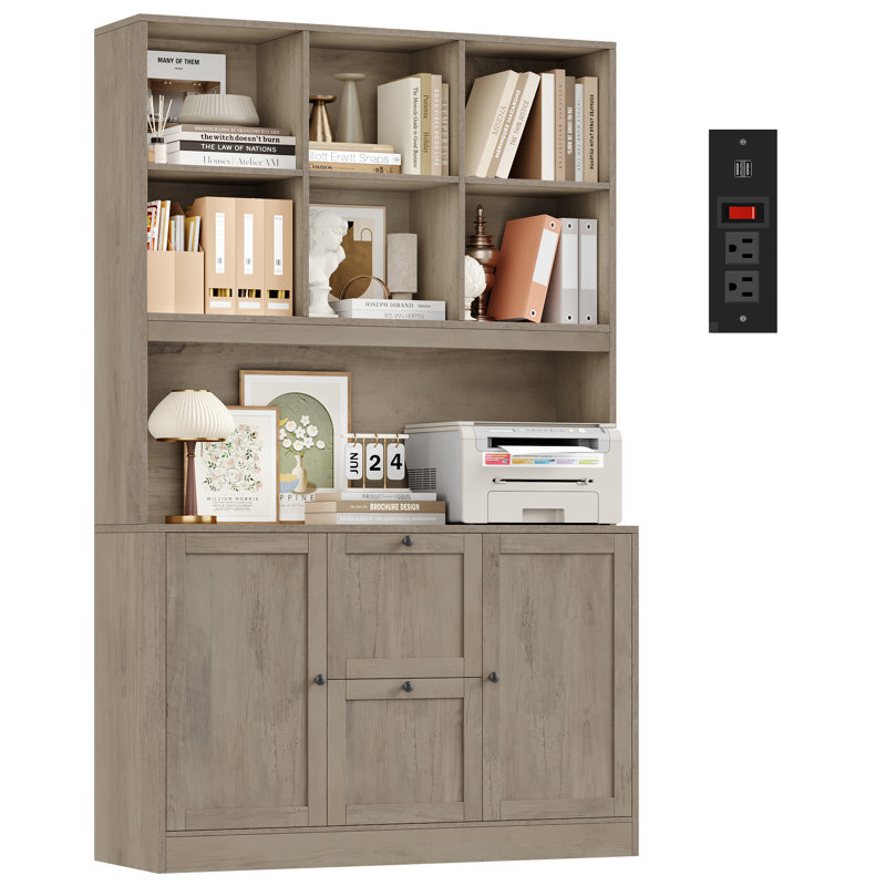  Bibliothèque de rangement H 72 "avec tiroirs classeurs réglables, armoire de base avec tiroirs, gris brun, Brun gris
